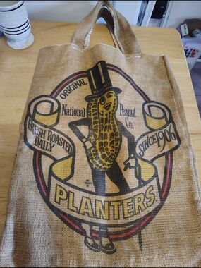 Planters Burlap Tote Bag in Tan with Black & Yellow Logo